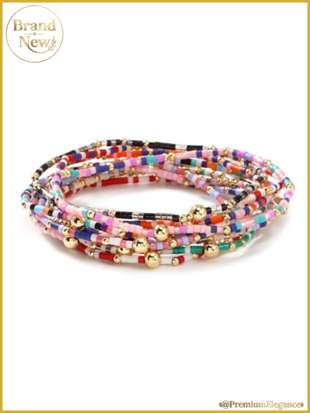 Handmade Stackable Seed Beaded Stretch Bracelet Set with Gold Glass Accents for